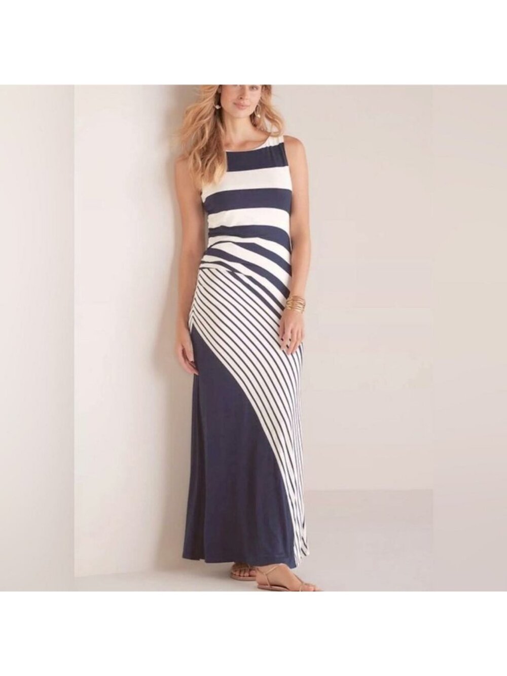 Soft Surroundings Maxi Dress S Navy White Stripe Coastal stretch nautical Resort